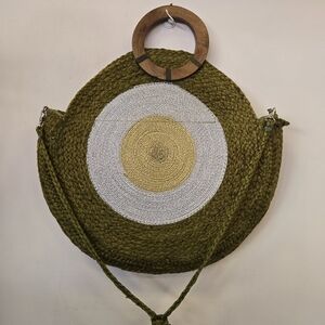 Bohem Olive Green and White Woven Circle Bag